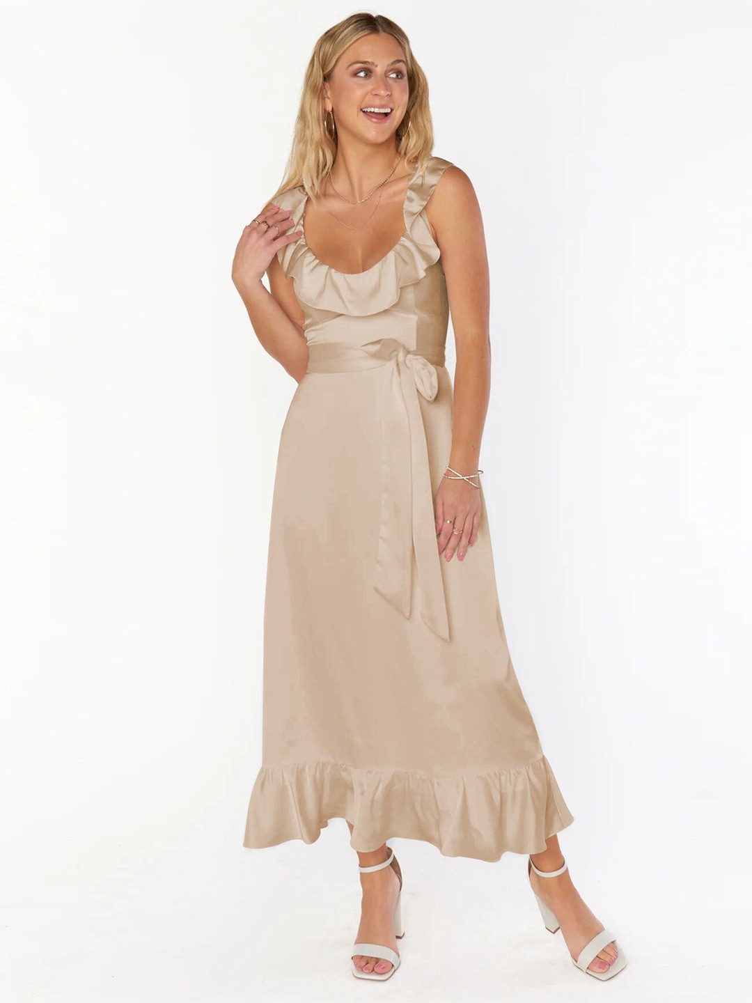 

StyleCast Beige Sleeveless Ruffled A-Line Midi Dress