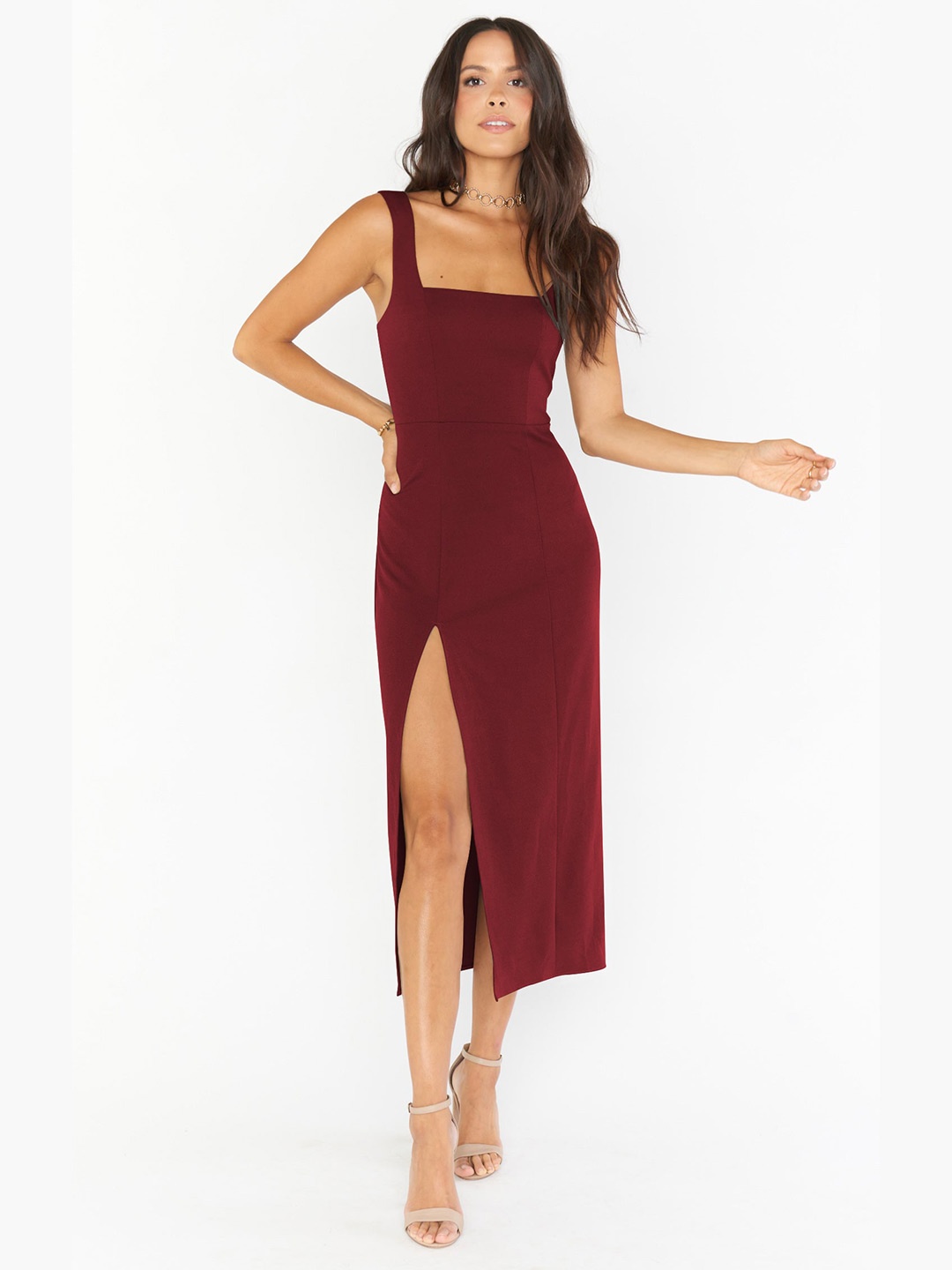 

StyleCast Burgundy Shoulder Straps Sheath Midi Dress