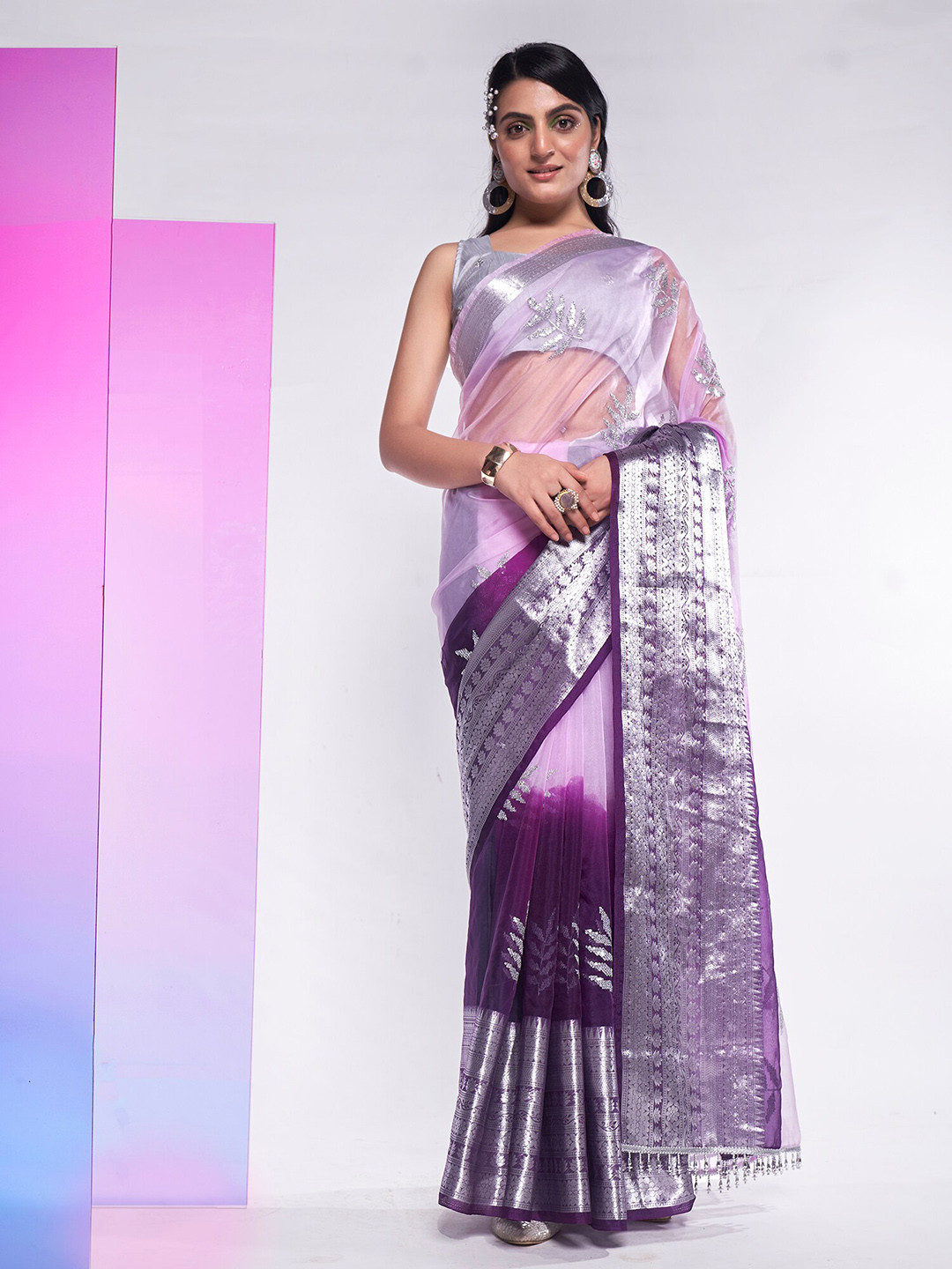 

Mitera Embellished Sequinned Organza Saree, Purple