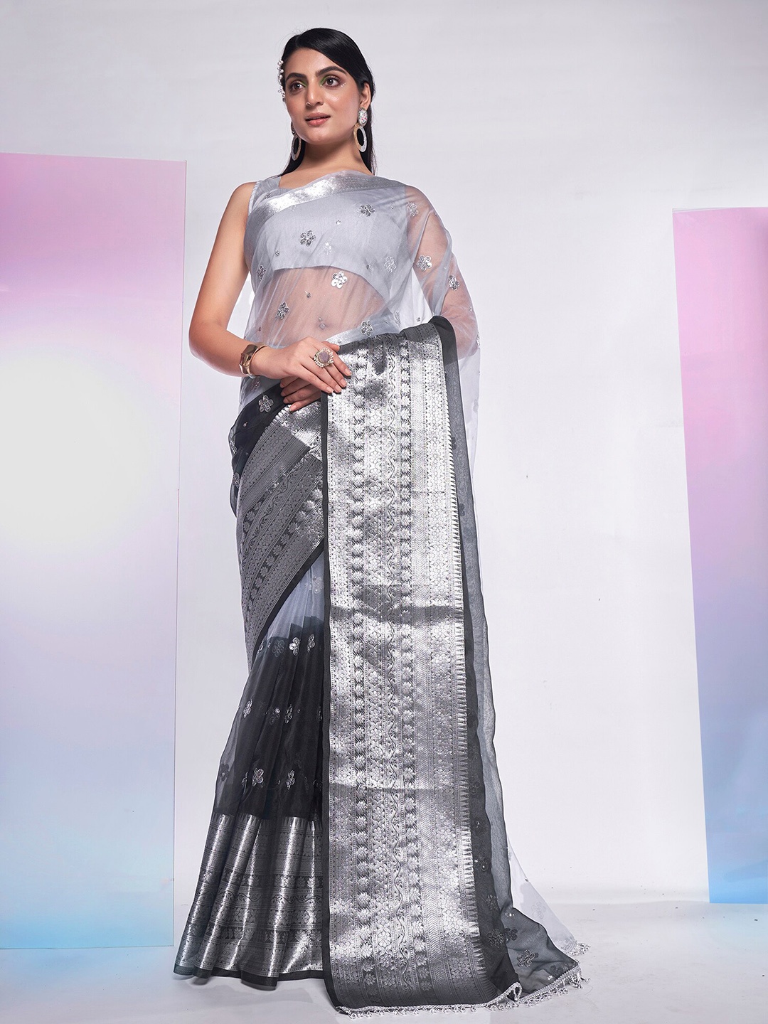 

Mitera Black & Grey Embellished Sequinned Organza Saree