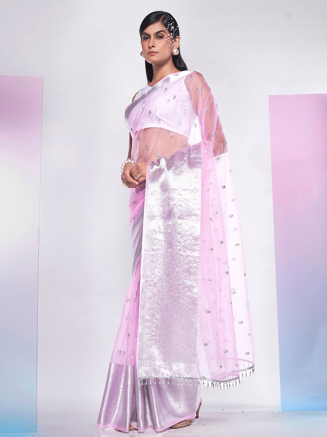 

Mitera Embellished Sequinned Organza Saree, Pink