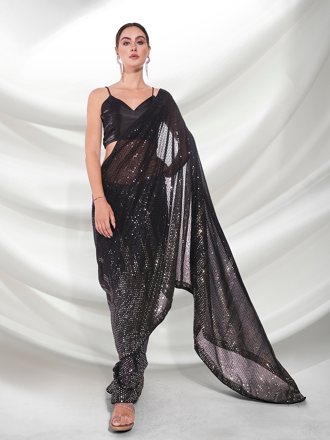 

Mitera Black Embellished Sequinned Pure Georgette Saree