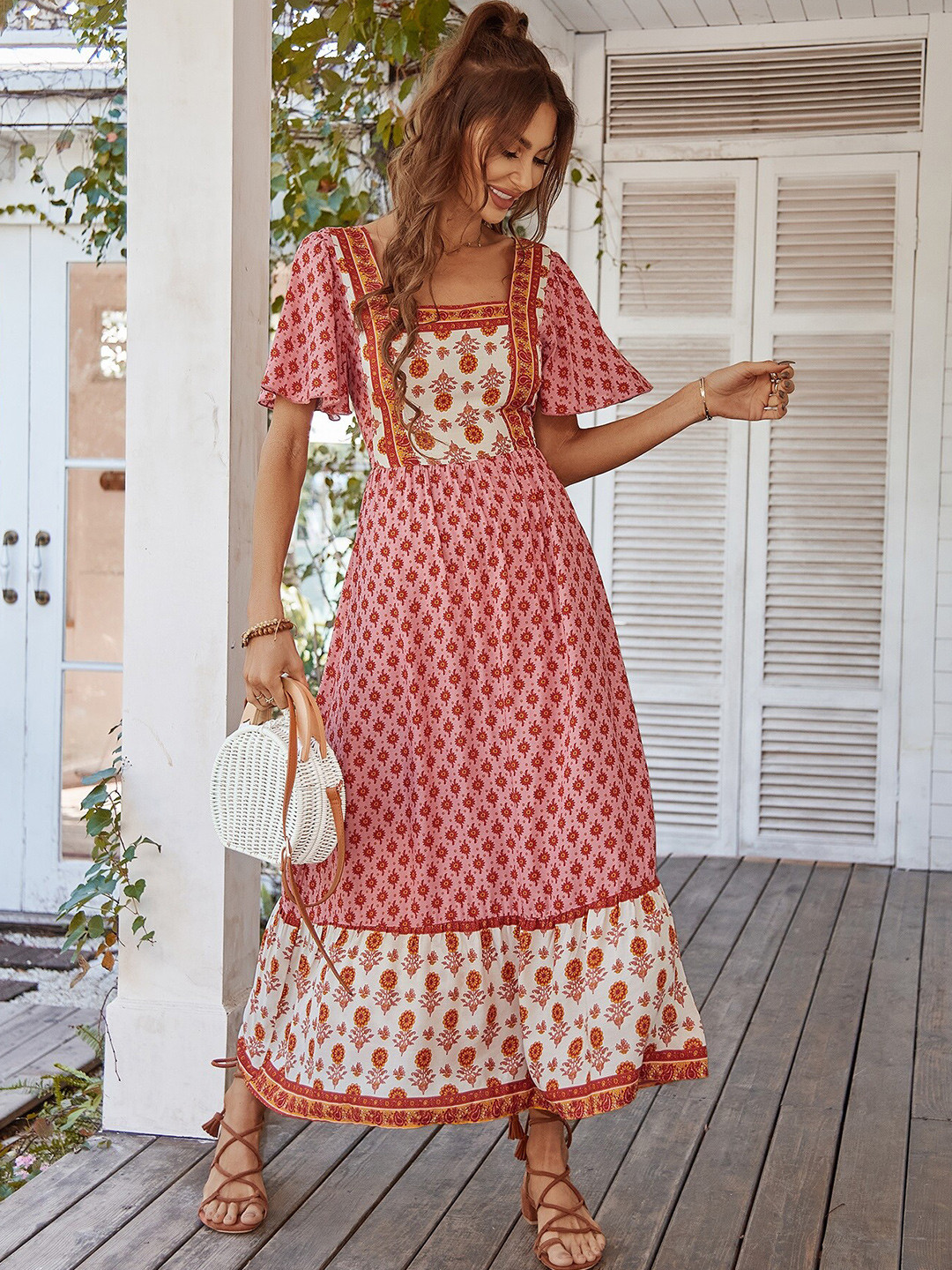 

StyleCast Pink Ethnic Motifs Printed Flared Sleeves Smocked Fit & Flare Maxi Dress