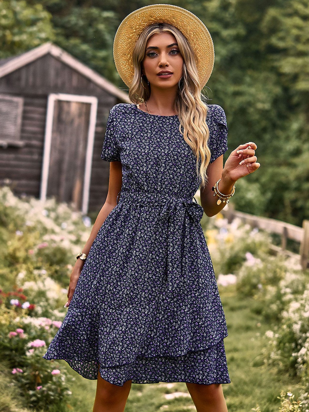 

StyleCast Blue Floral Printed Belted A-Line Dress
