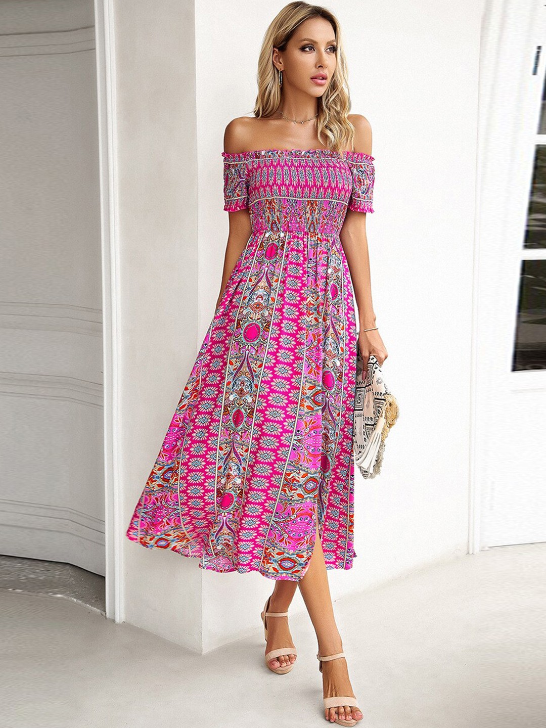 

StyleCast Pink Ethnic Motifs Printed Off Shoulder A-Line Midi Dress