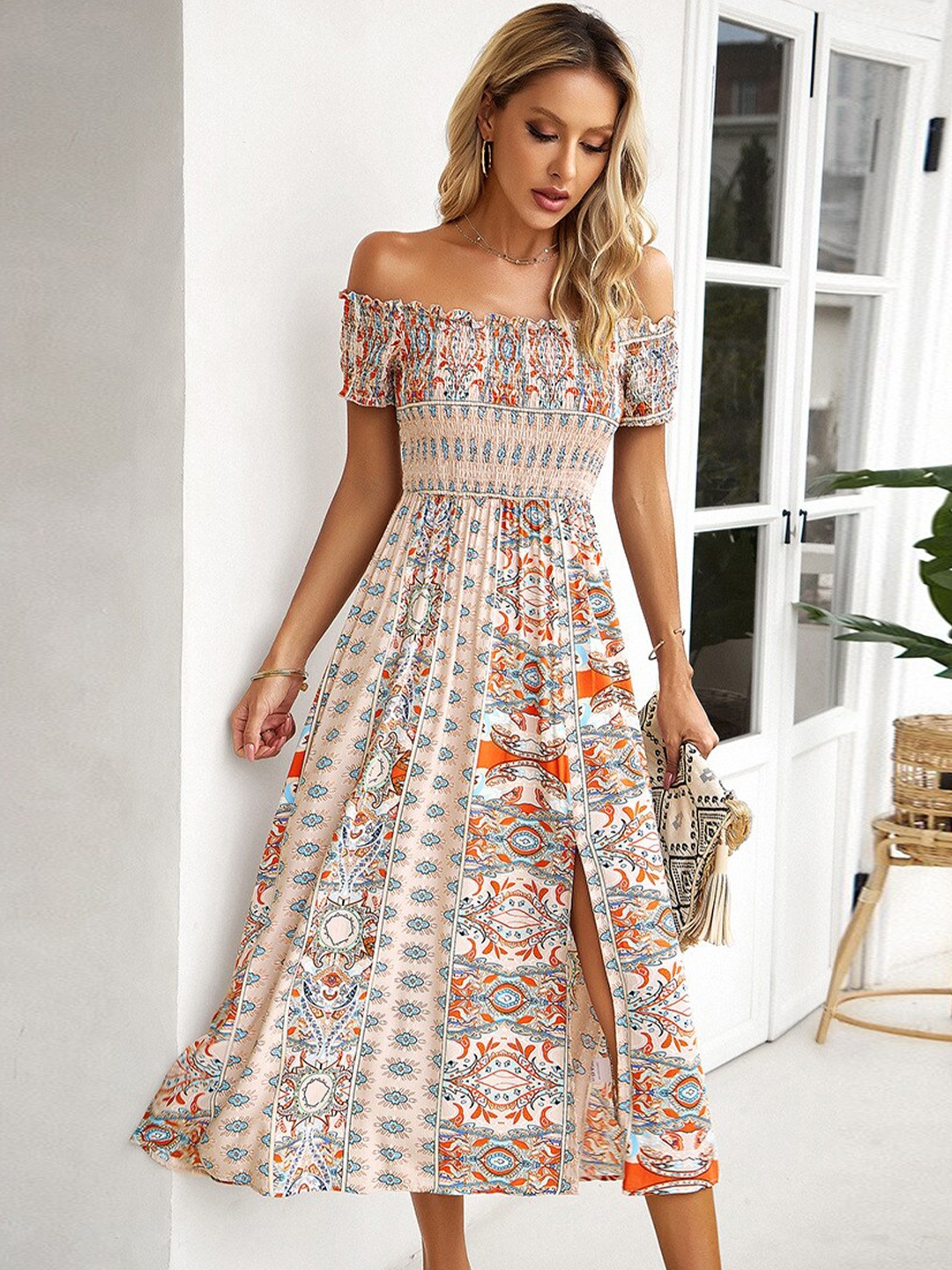 

StyleCast Ethnic Motifs Printed Off-Shoulder Smocked A-Line Dress, Beige