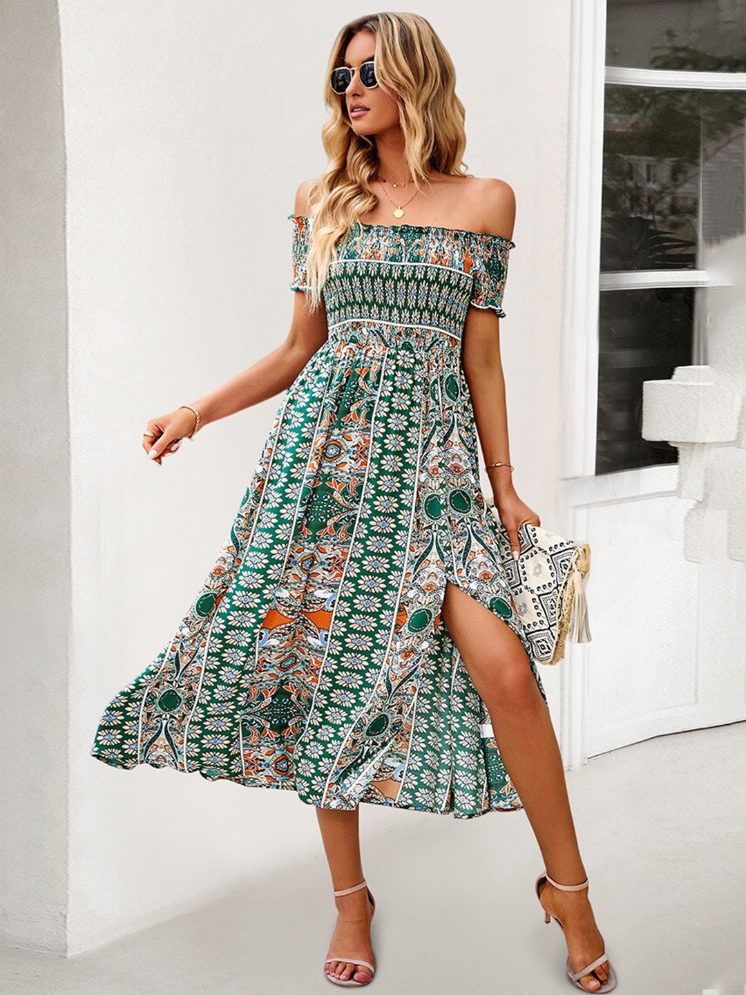 

StyleCast Green & White Floral Printed Smocked Detailed Off-Shoulder A-Line Dress