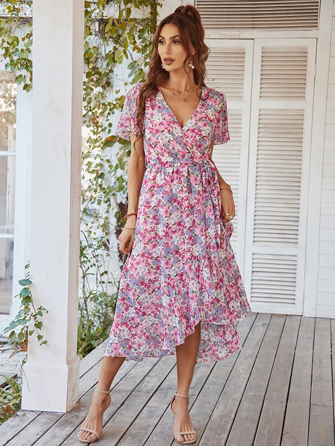 

StyleCast Pink & Purple Floral Printed V-Neck Midi A-Line Dress