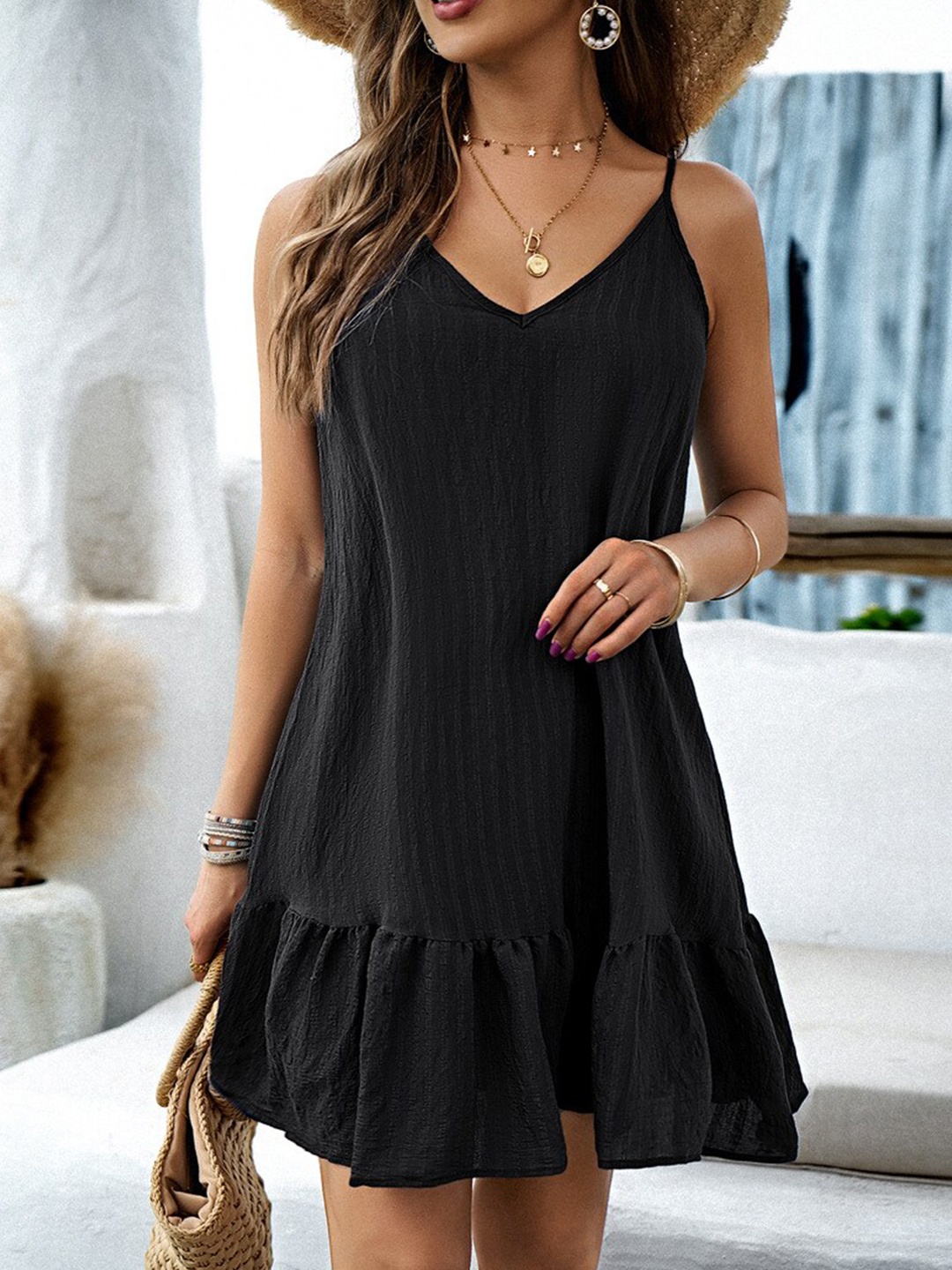 

StyleCast Black Shoulder Straps Gathered Detail A-Line Dress