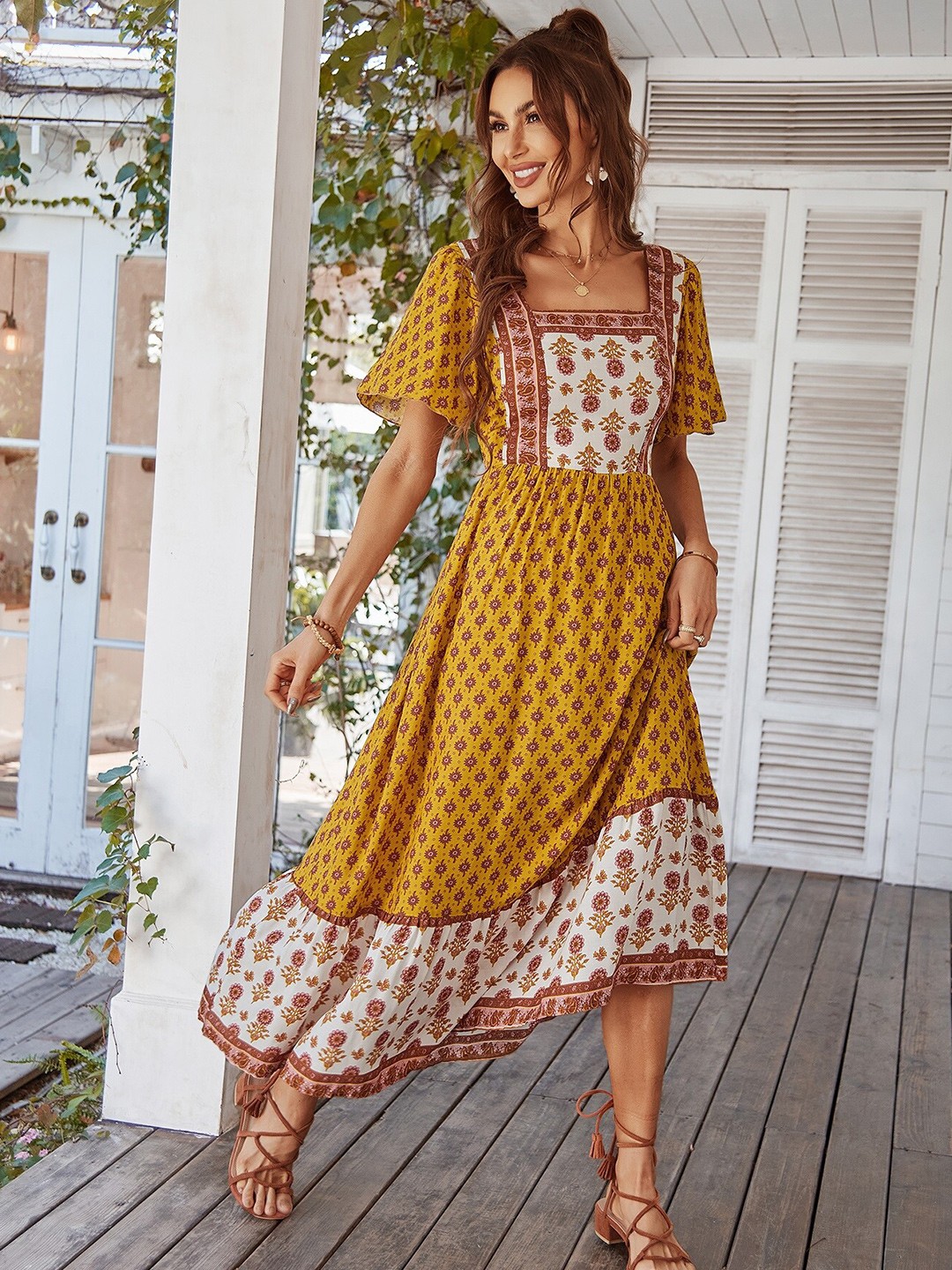 

StyleCast Yellow Ethnic Motifs Printed Flared Sleeves Smocked Fit & Flare Maxi Dress