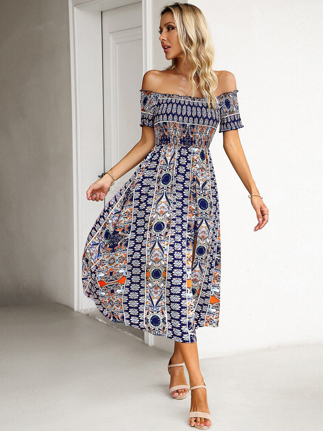 

StyleCast Navy Blue Floral Printed Off-Shoulder Fit & Flare Dress