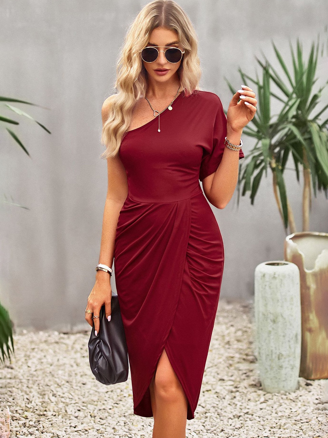 

StyleCast Burgundy One Shoulder Tulip Hem A-Line Dress