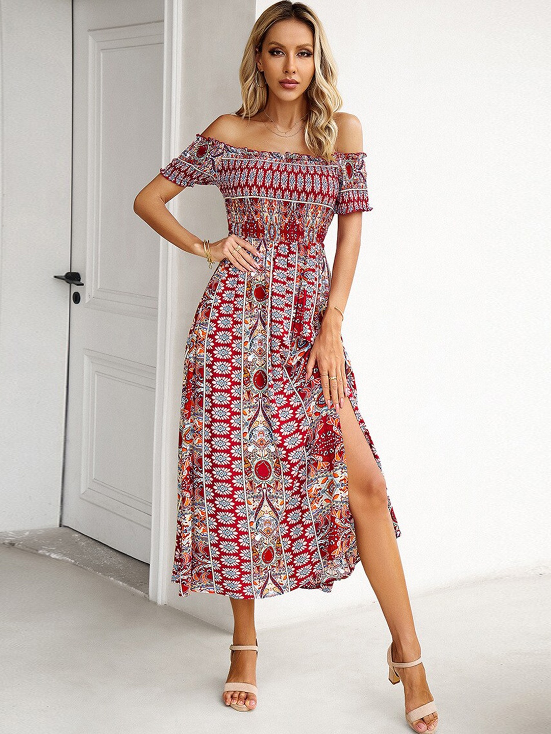 

StyleCast Burgundy Ethnic Motifs Printed Off-Shoulder Fit and Flare Dress