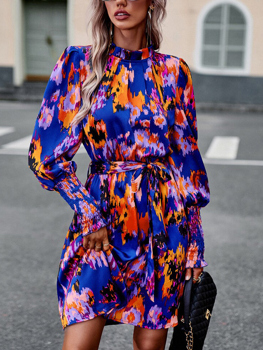 

StyleCast Blue Abstract Printed High Neck Puff Sleeves Belted A-Line Dress