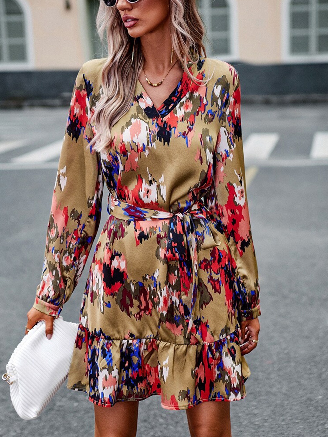 

StyleCast Khaki Abstract Printed Mandarin Collar Tie-Up Fit & Flare Above Knee Dress