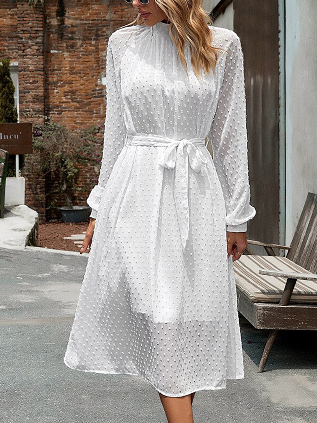 

StyleCast White Self Design Belted A-Line Dress