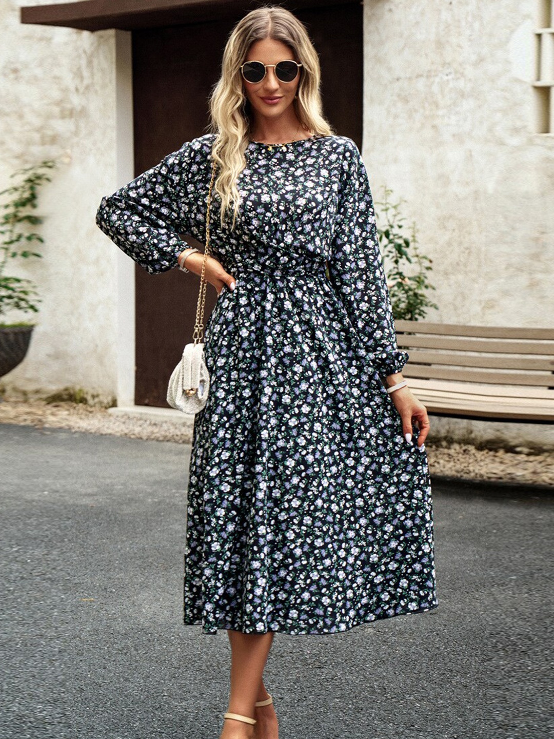 

StyleCast Floral Printed Puff Sleeves Fit & Flare Dress, Black
