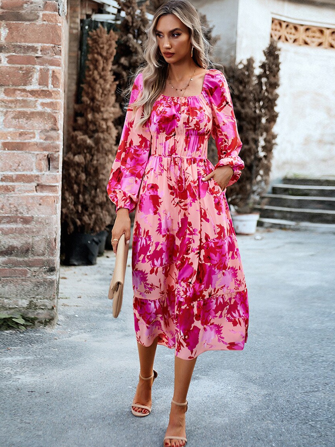 

StyleCast Pink Floral Printed Square Neck Puff Sleeves Gathered Tiered Fit & Flare Dress