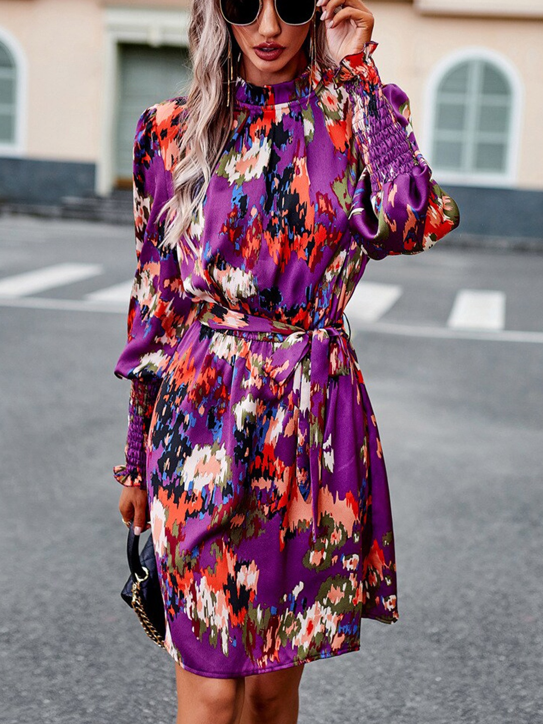 

StyleCast Purple Abstract Printed High Neck Cuffed Sleeve Fit & Flare Dress