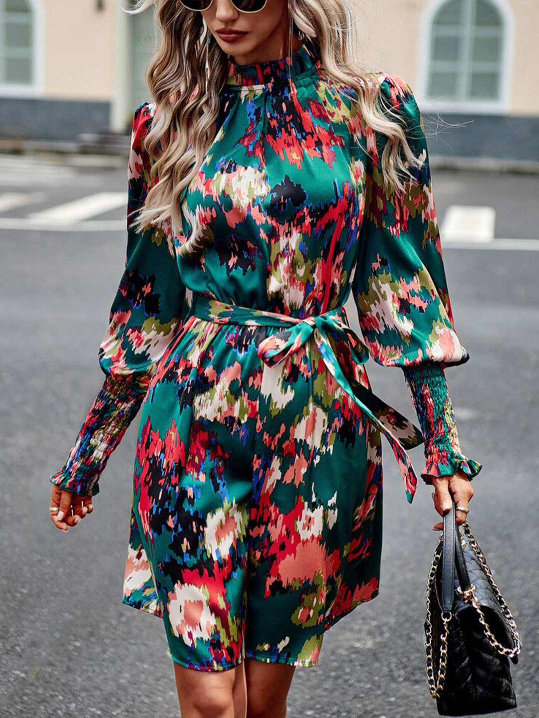 

StyleCast Green Abstract Printed High Neck Puff Sleeves A-Line Dress With Belt