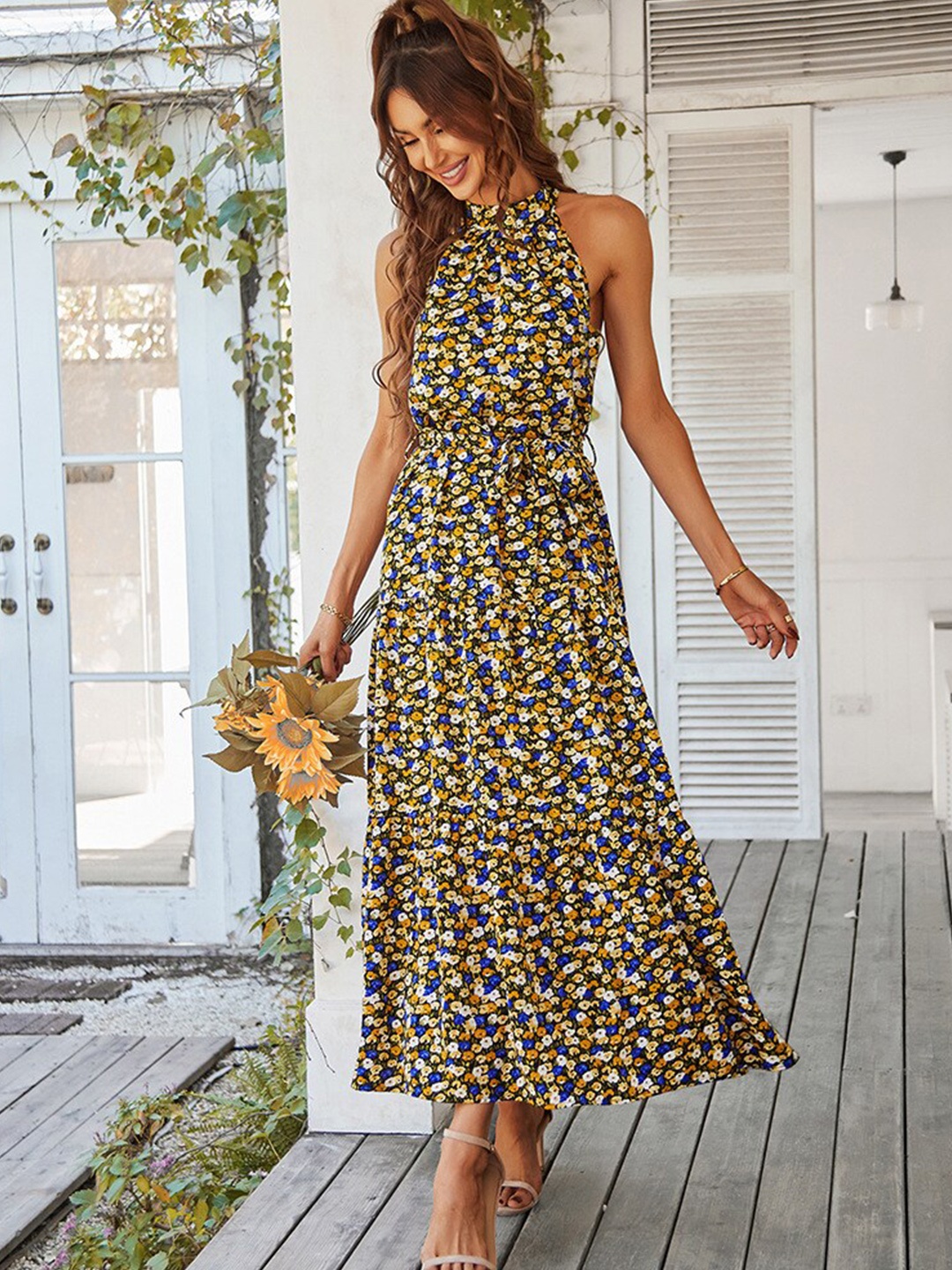 

StyleCast Black Floral Printed Halter Neck A-Line Dress