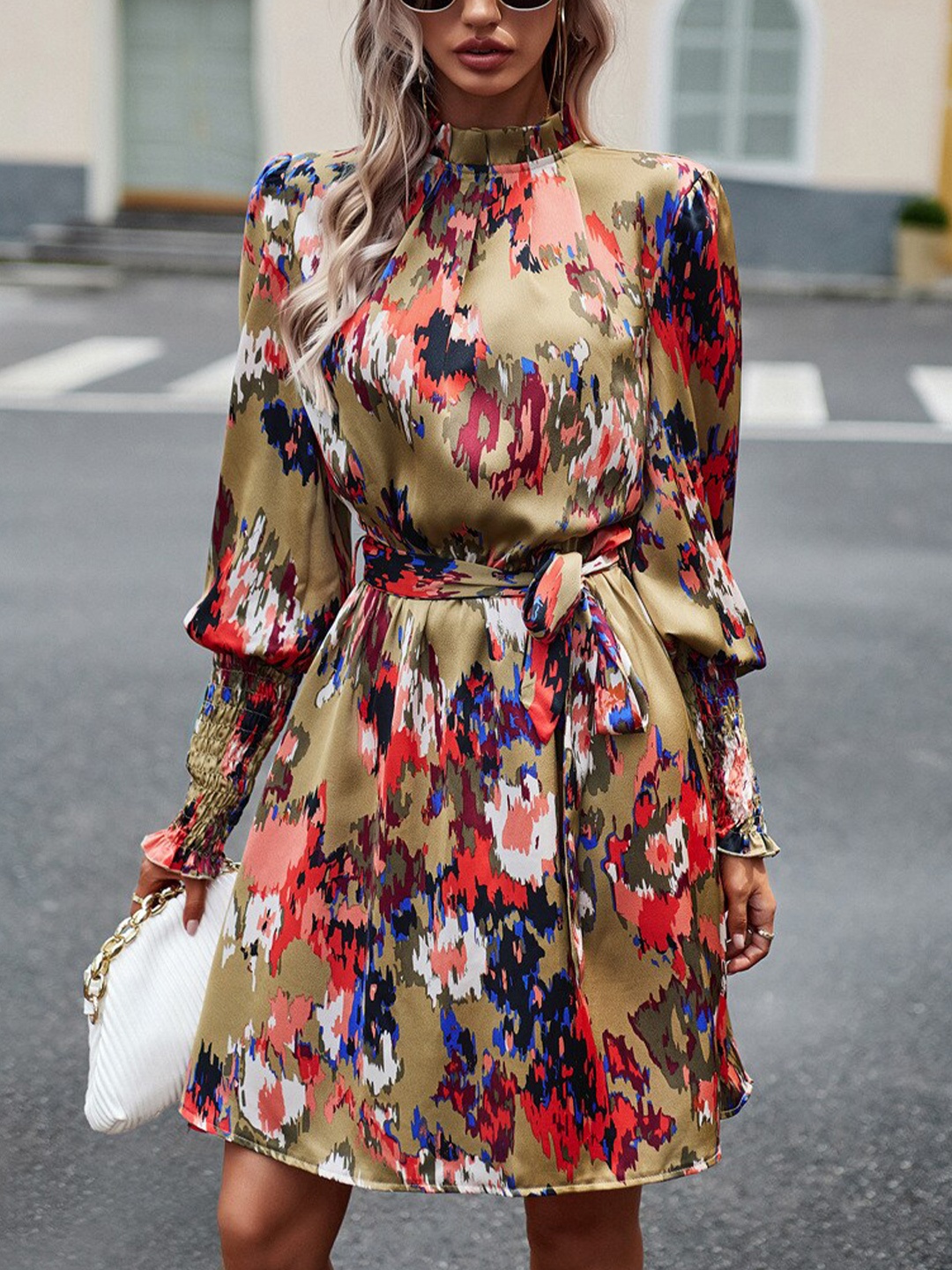 

StyleCast Khaki Abstract Printed High Neck Cuffed Sleeve Fit & Flare Dress