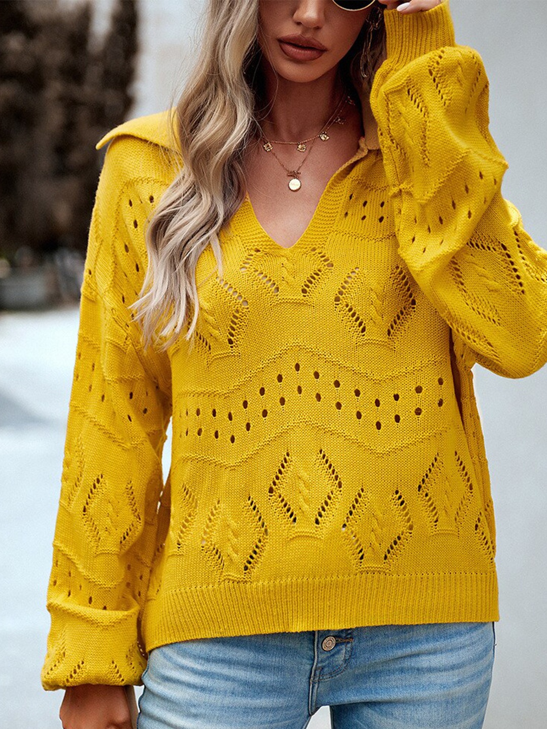 

StyleCast Yellow Open Knit Self Design Acrylic Pullover Sweater