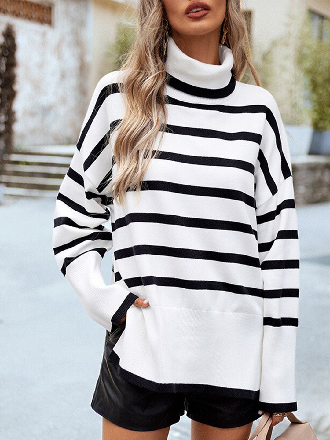 

StyleCast White & Black Striped Turtle Neck Sweater