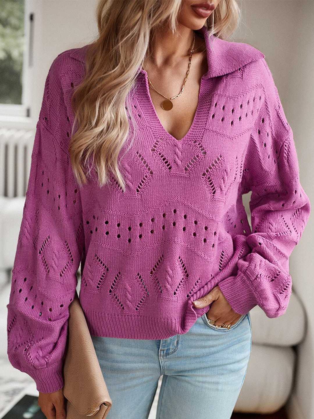 

StyleCast Purple Open Knit Self Design Pullover Sweater