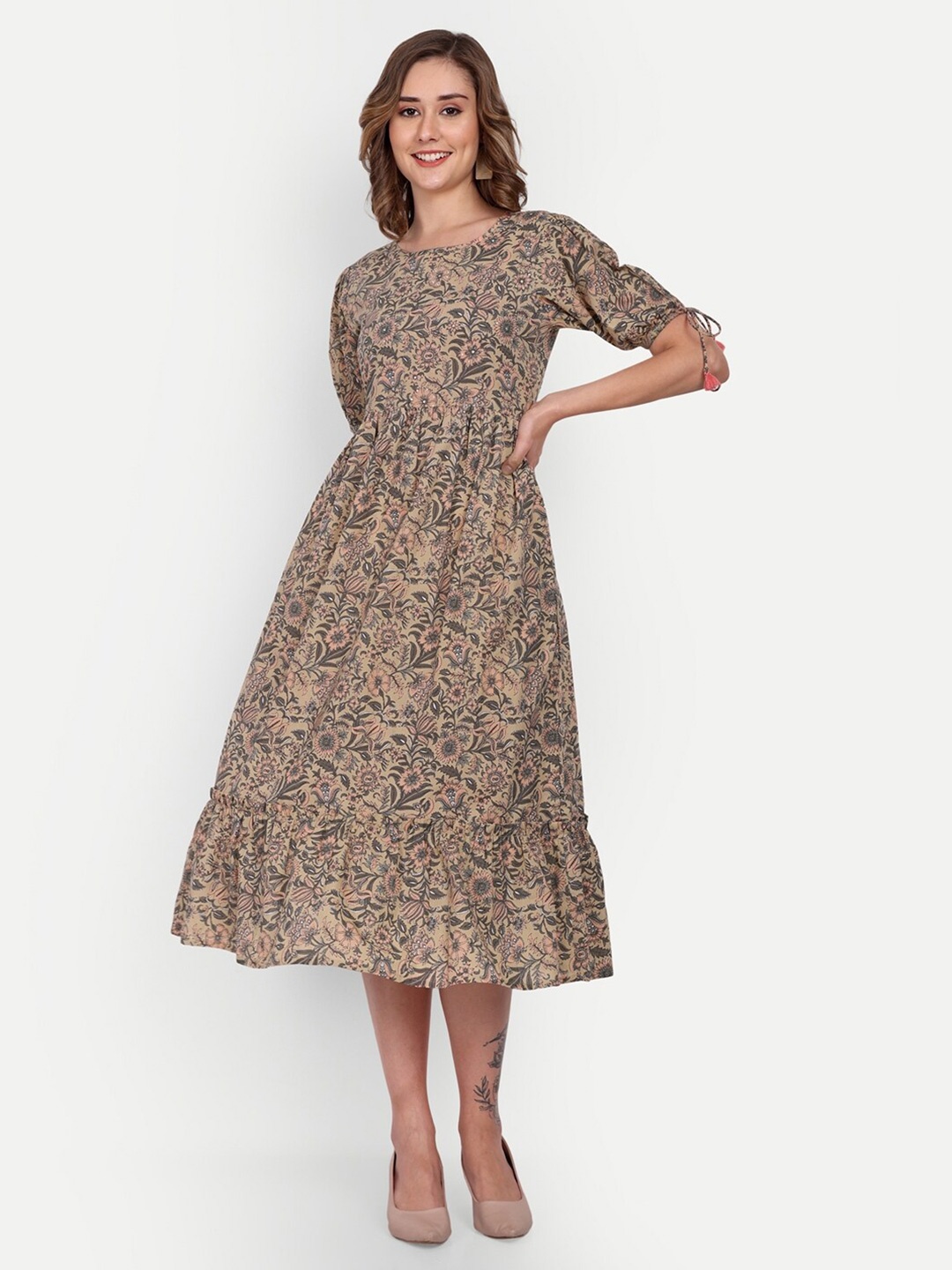

COTLAND FASHION Floral Printed A-Line Midi Dress, Beige