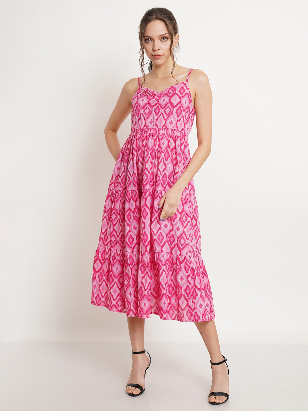 

COTLAND FASHION Abstract Printed Flounce Cotton Fit & Flare Midi Dress, Pink