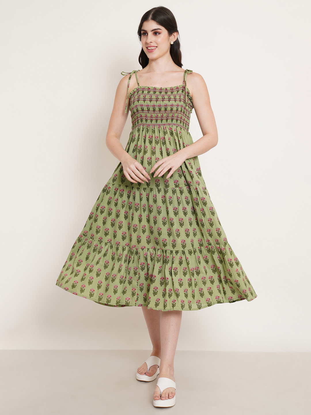 

COTLAND FASHION Floral Printed Shoulder Straps Smocked Cotton Fit And Flare Midi Dress, Green