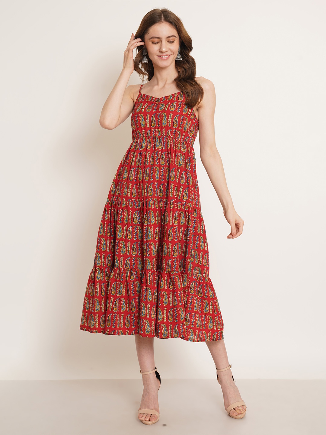 

COTLAND FASHION Ethnic Motifs Printed Shoulder Straps Cotton Empire Midi Dress, Red