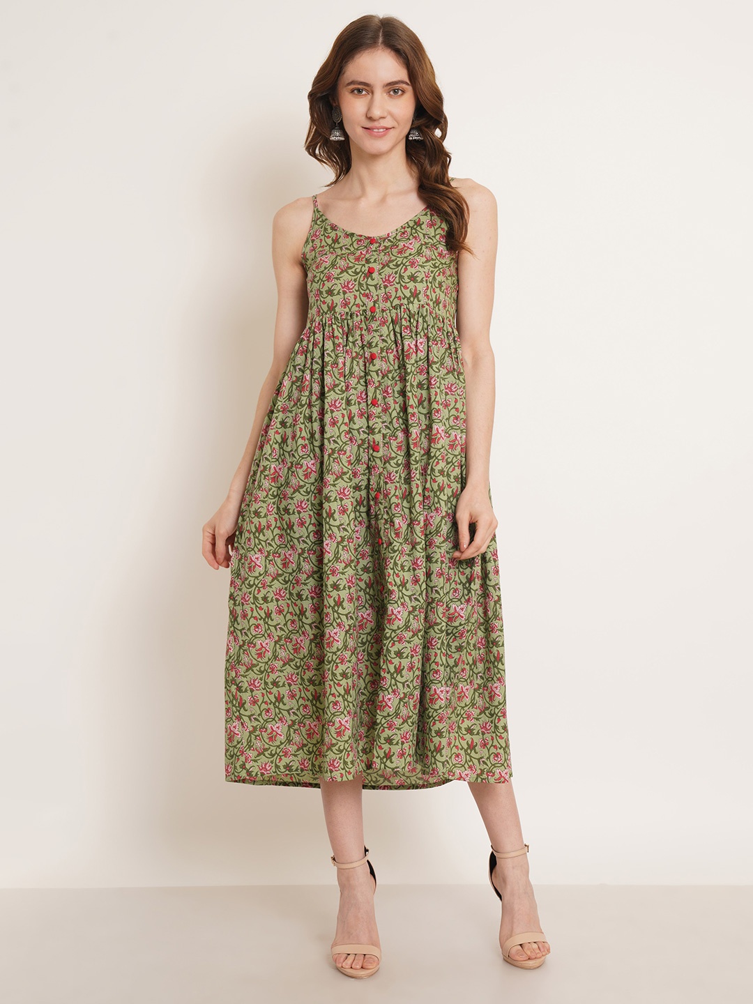 

COTLAND FASHION Floral Printed Shoulder Straps Cotton A-Line Midi Dress, Green