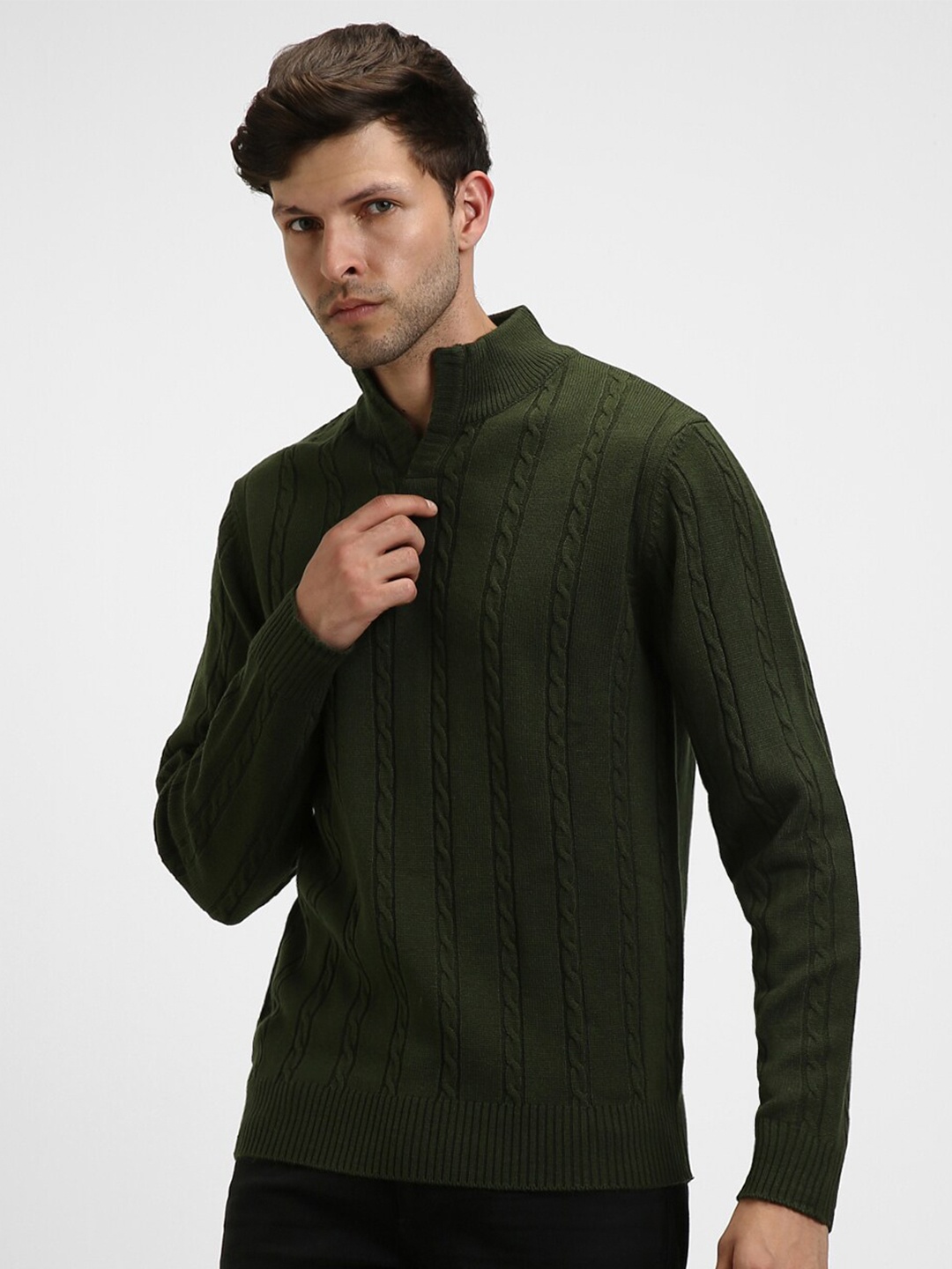 

Dennis Lingo Self Design Cable Knit Acrylic Pullover, Olive