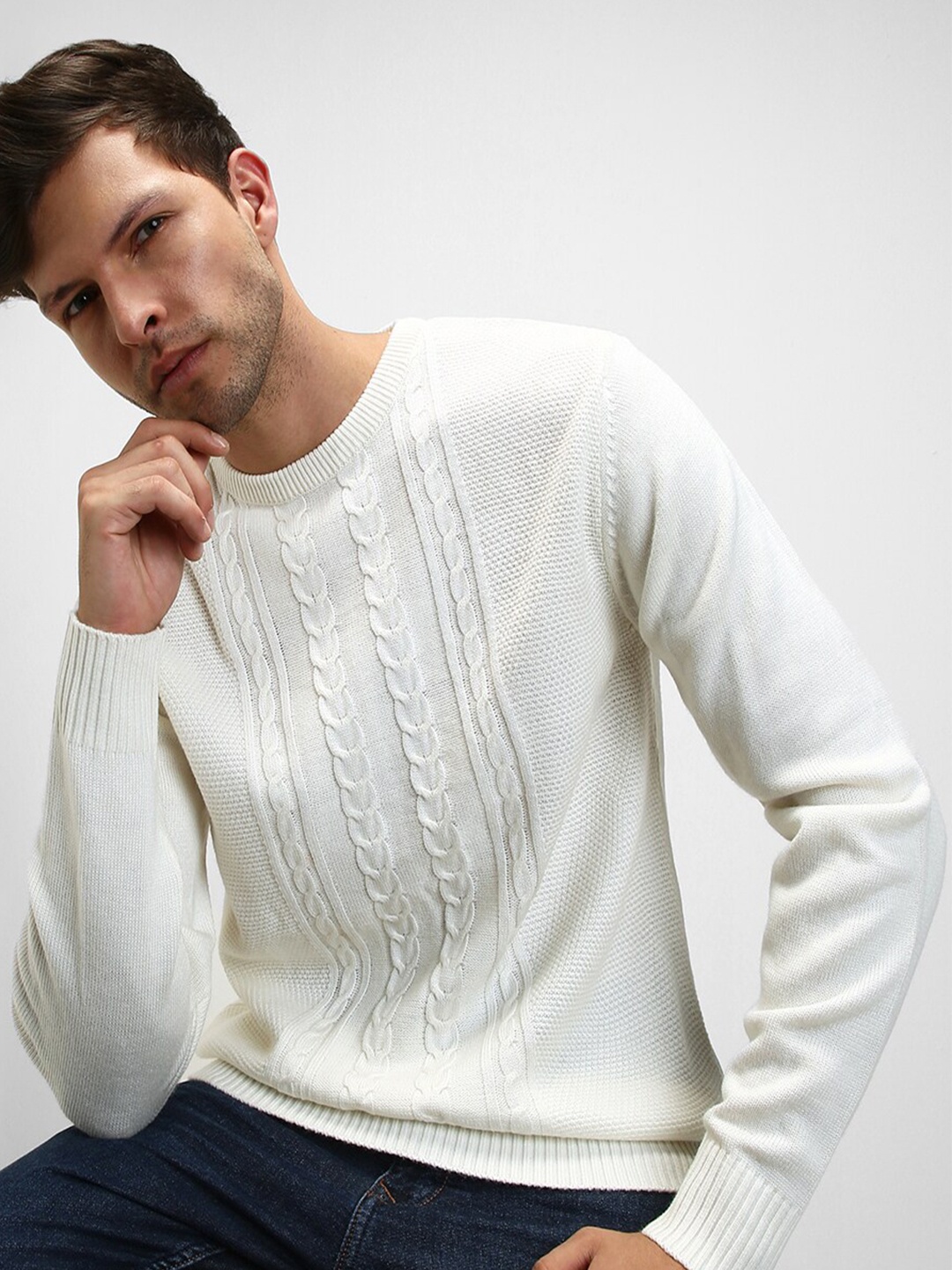 

Dennis Lingo Cable Knit Self Design Ribbed Acrylic Pullover, Off white