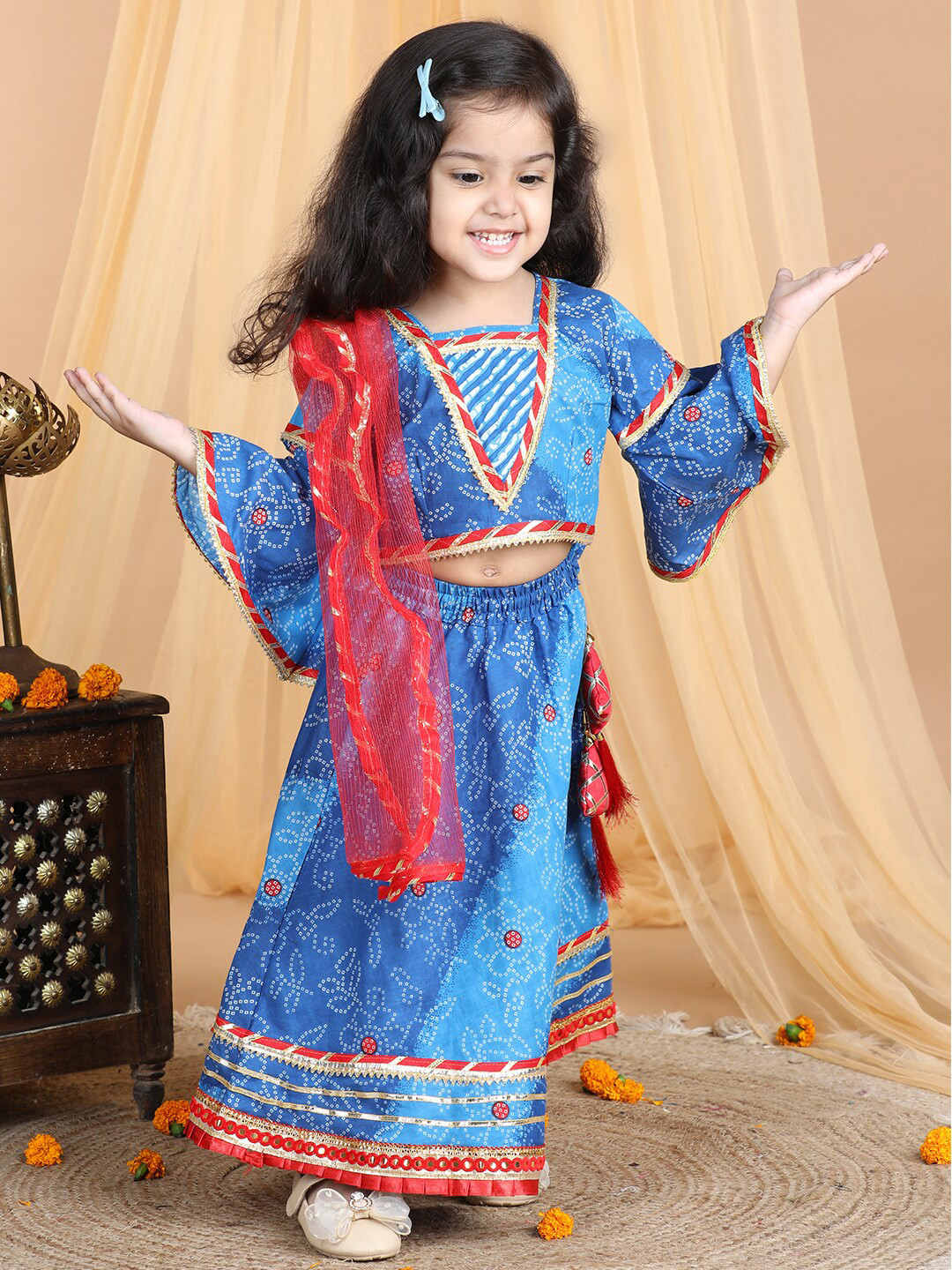 

kidcetra Girls Bandhini Printed Mirror Work Ready to Wear Lehenga & Blouse With Dupatta, Blue