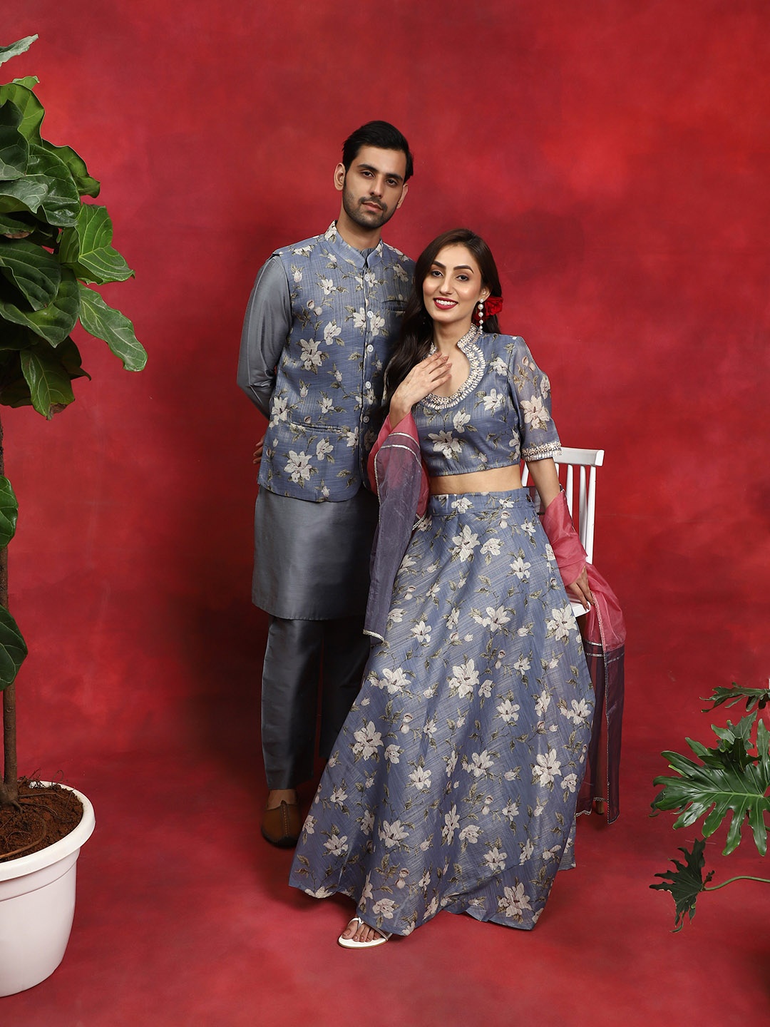 

AKS Floral Printed Scoop Neck Ready to Wear Lehenga & Blouse With Dupatta, Grey