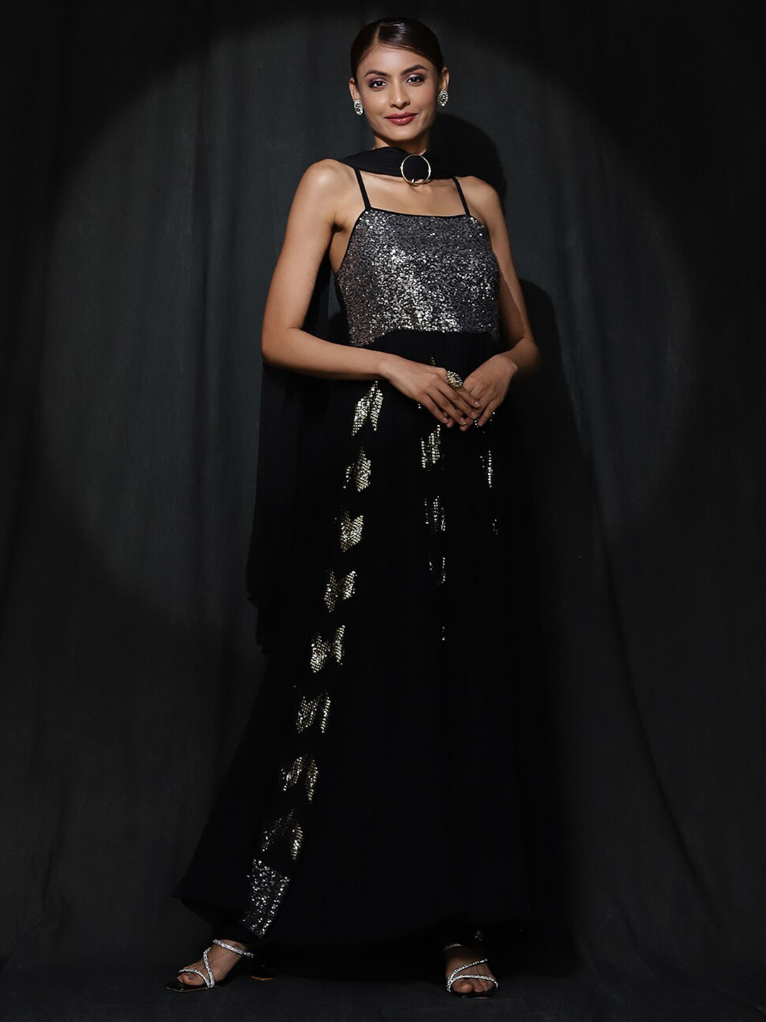 

AKS Couture Embellished Sequinned Georgette Fit & Flare Dress With Dupatta, Black