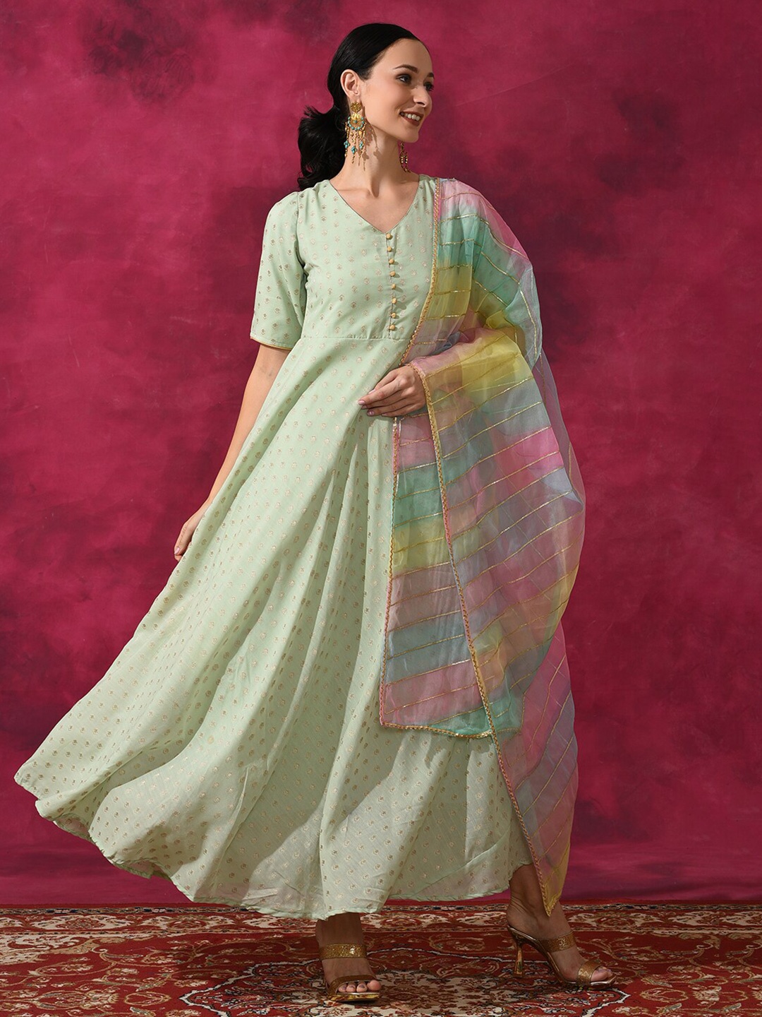 

AKS Couture Green Checked Maxi Dress