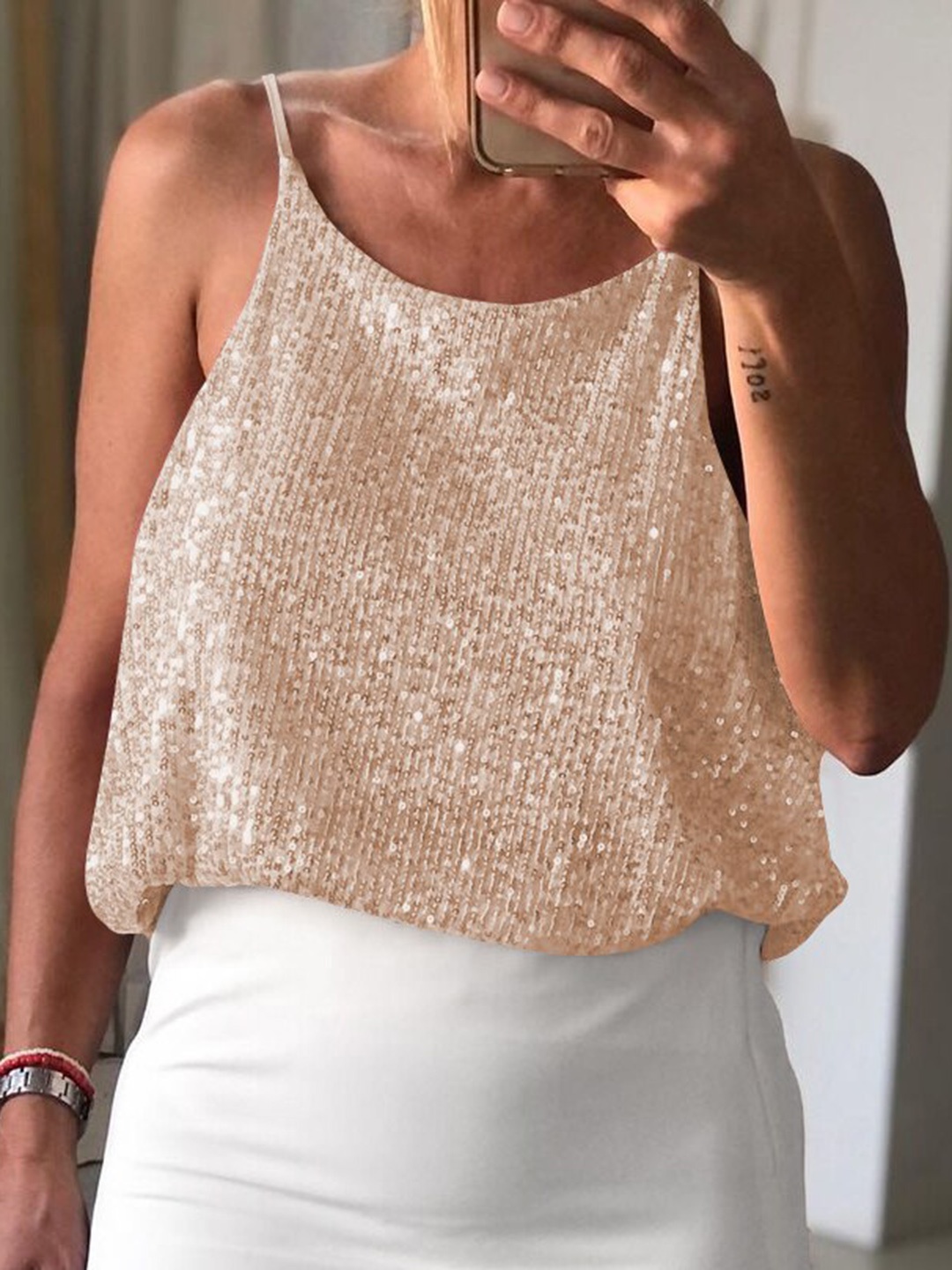 

StyleCast Beige Embellished Sequined Shoulder Straps Top