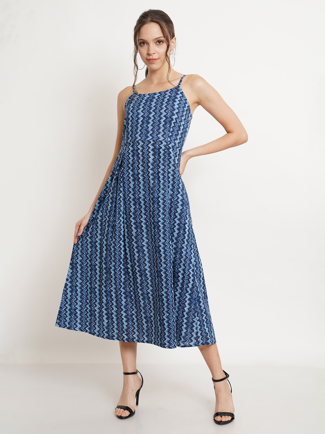 

COTLAND FASHION Ethnic Motifs Printed A-Line Midi Dress, Blue