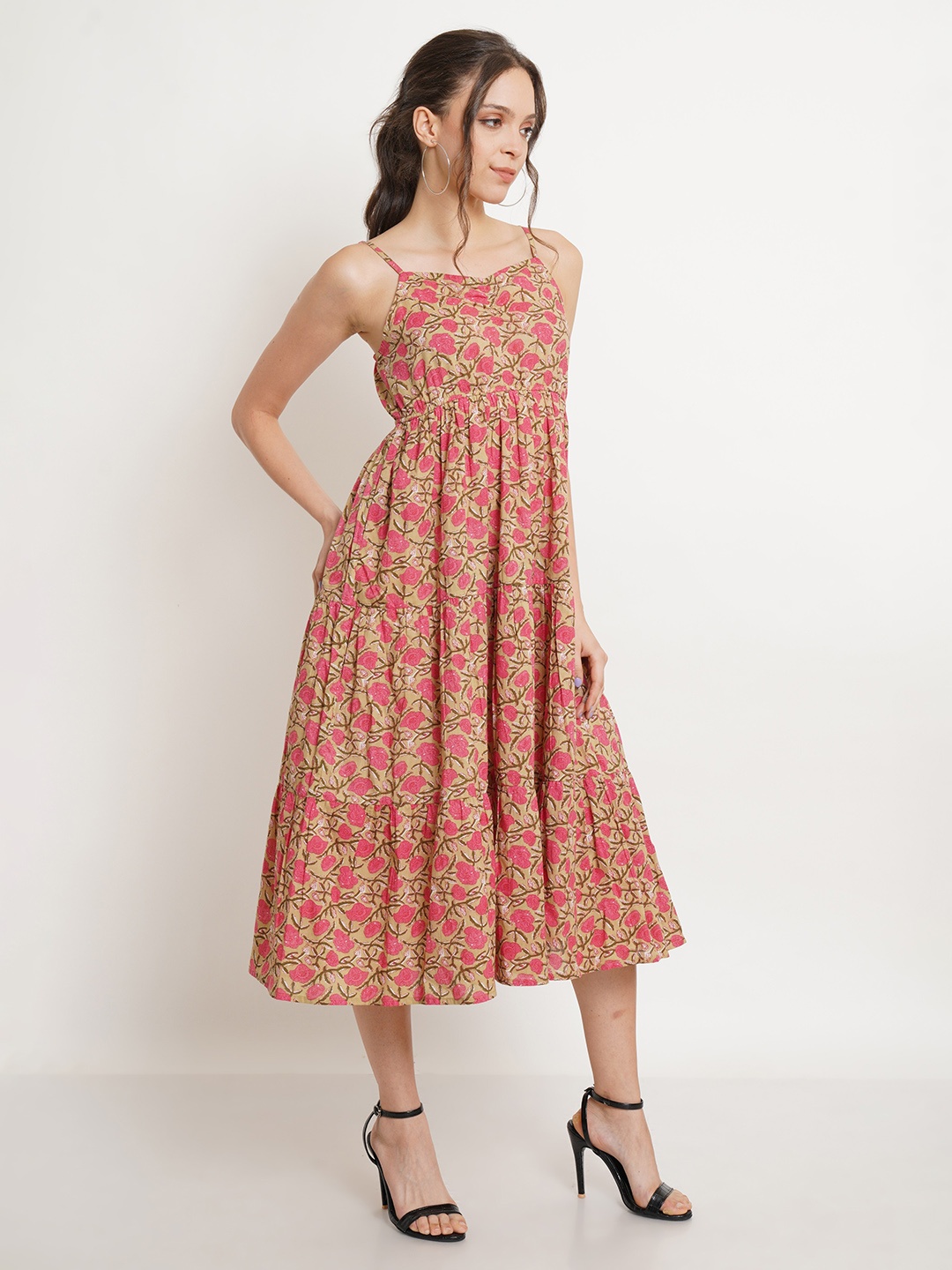 

COTLAND FASHION Beige Floral Printed Shoulder Straps Gathered Cotton A-Line Midi Dress