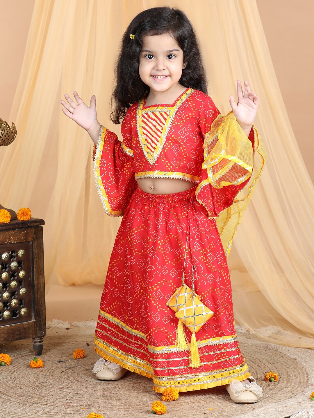 

kidcetra Girls Bandhini Printed Mirror Work Ready to Wear Lehenga & Blouse With Dupatta, Red