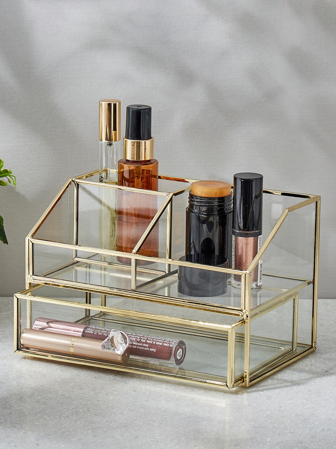 

Home Centre Orion Tribeca Glass Cosmetic Organiser with Drawer, Gold