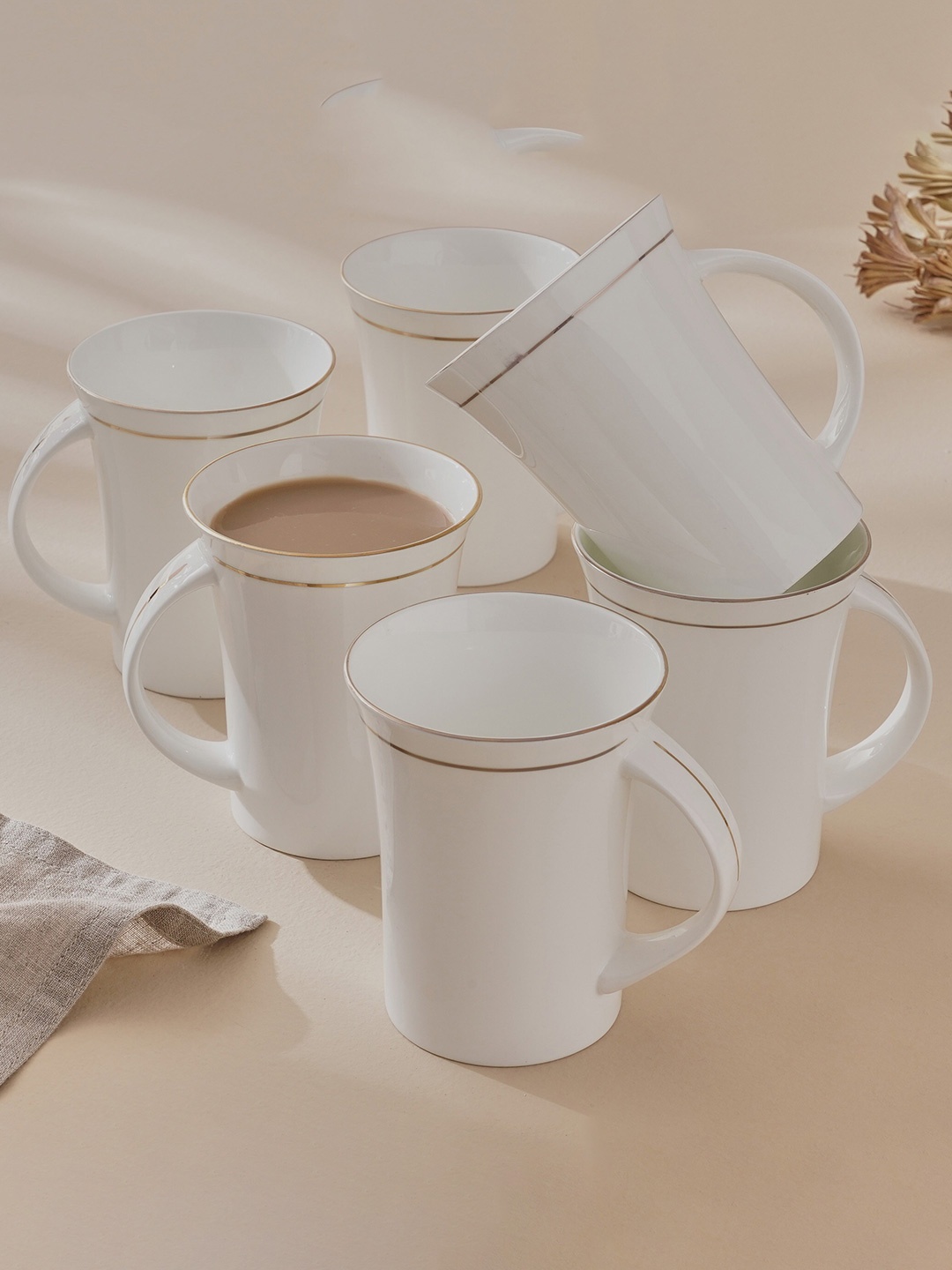 

Home Centre White & Beige 6 Pieces Bone China Glossy Mugs 270ml