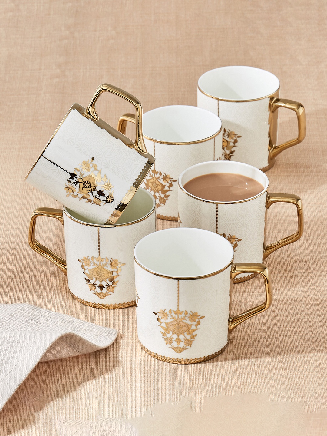 

Home Centre Corsica Ebony Beige & White 6 Pieces Printed Bone China Glossy Mugs 230 ml