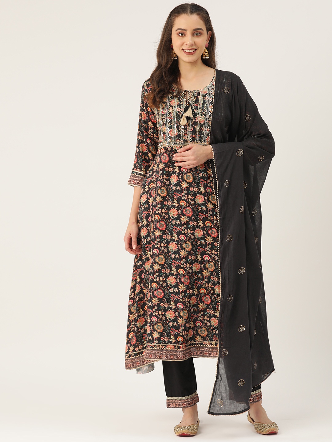 

Rue Collection Women Floral Printed Regular Sequinned Kurta with Trousers & With Dupatta, Black