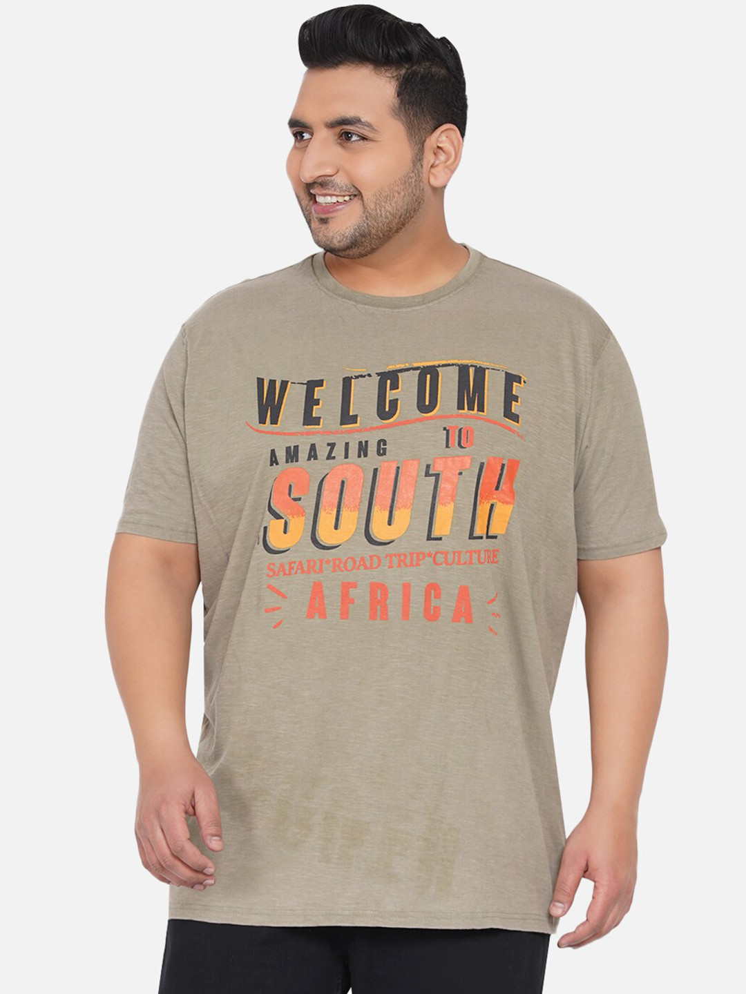 

Santonio Plus Size Typography Printed Cotton T-shirt, Brown