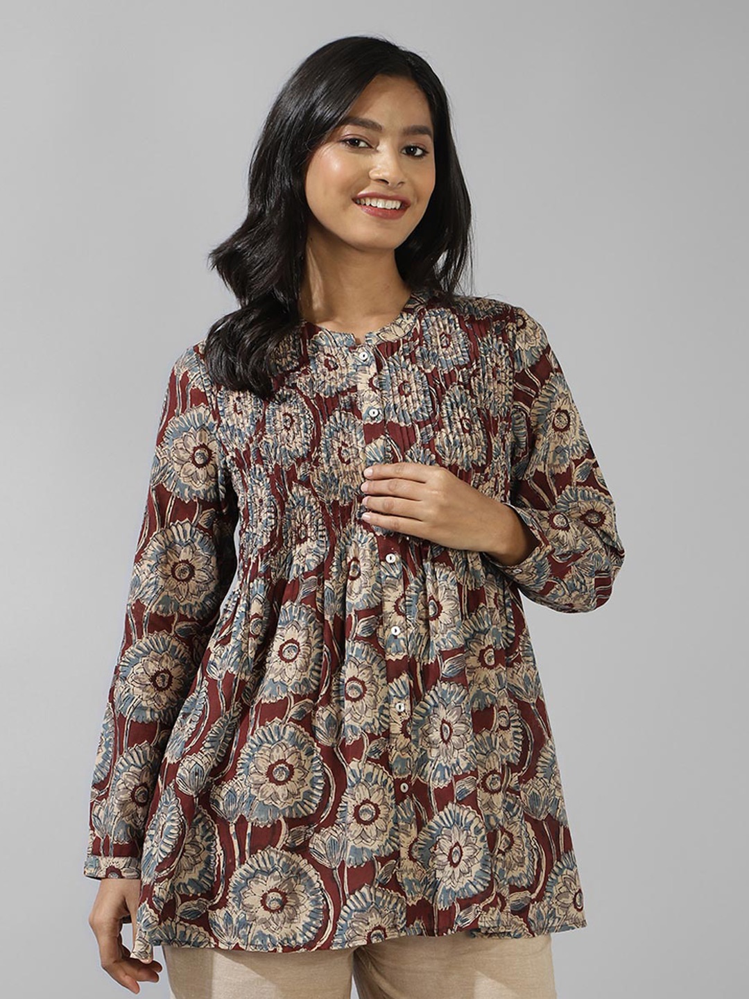 

Fabindia Floral Printed Mandarin Collar Cuffed Sleeves Pleated Block Print Cotton Tunic, Brown